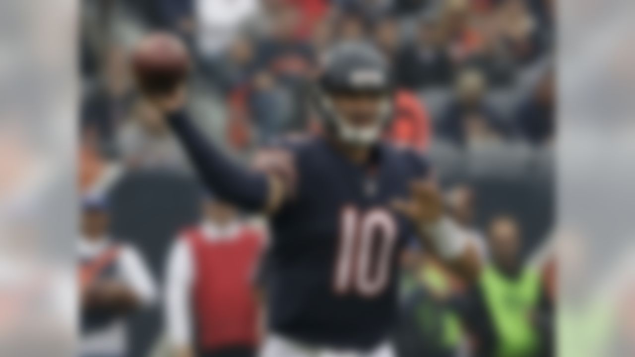 Chicago Bears quarterback Mitchell Trubisky (10) throws during the first half of an NFL football game against the Tampa Bay Buccaneers Sunday, Sept. 30, 2018, in Chicago. (AP Photo/Nam Y. Huh)