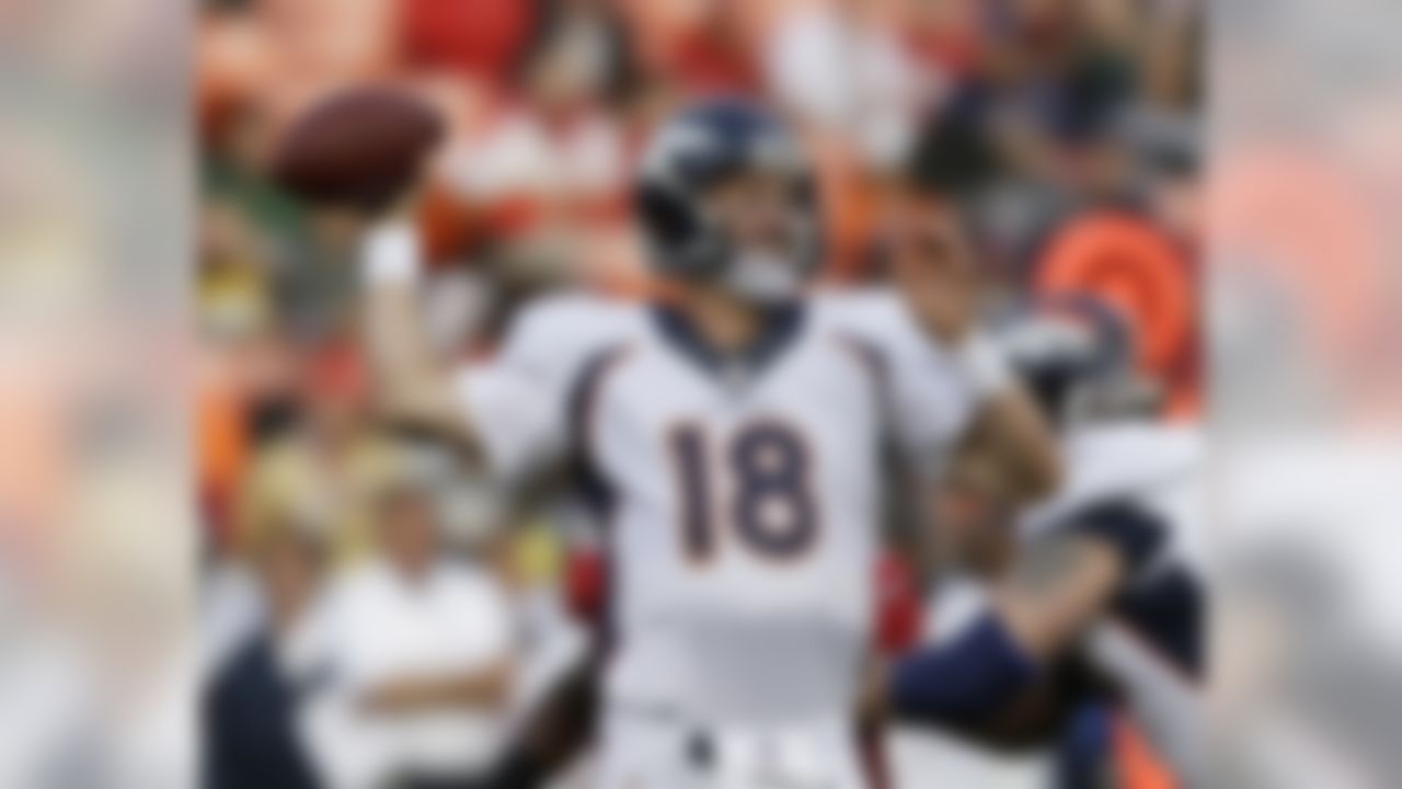Denver Broncos quarterback Peyton Manning drops back to throw during the first quarter of an NFL preseason football game against the San Francisco 49ers, Thursday, Aug. 8, 2013, in San Francisco. (AP Photo/Marcio Jose Sanchez)