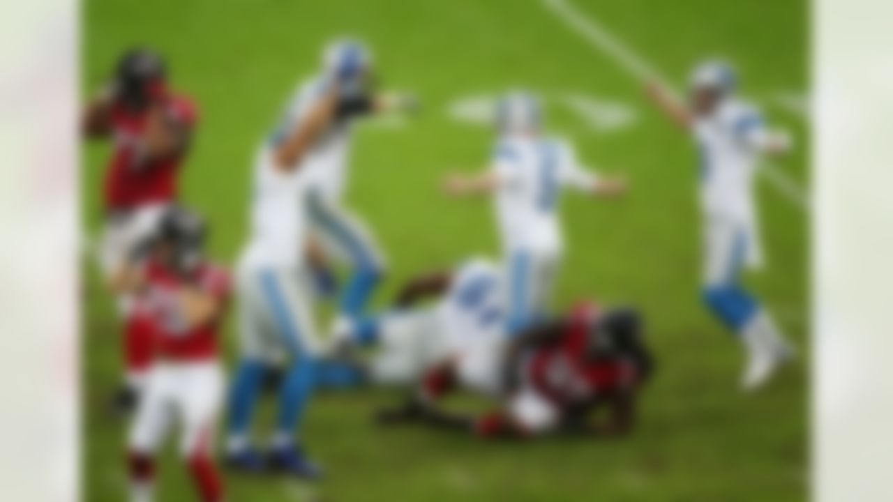Detroit Lions kicker Matt Prater (5) celebrates with teammate after kicking the winning field goal as the clock ticks to zero against the Atalanta Falcons on Sunday, Oct. 16, 2014 in London. (Dave Shopland/NFL)