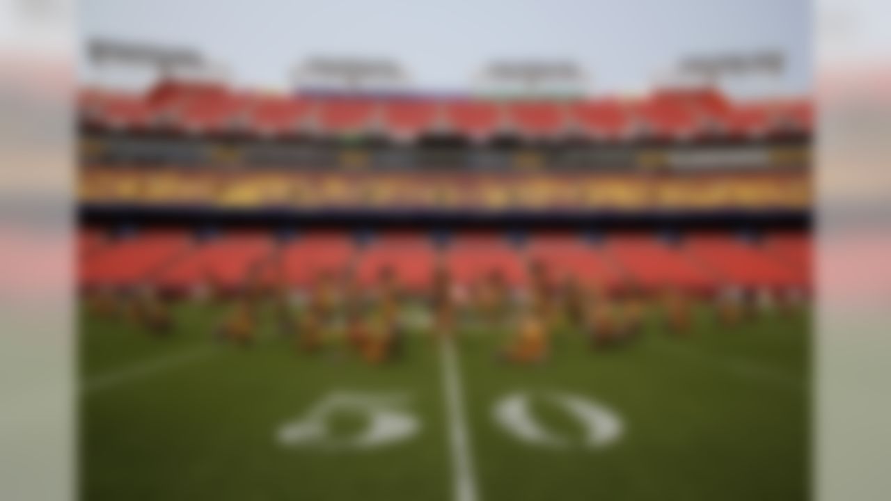 The Washington Redskins cheerleaders practice prior to their game against the New England Patriots at FedEx Field on Thursday August 7, 2014 in Landover, Maryland. Washington won 23-6. (Aaron M. Sprecher/NFL)