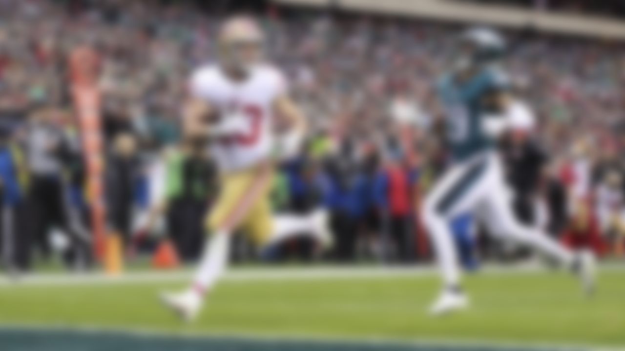 San Francisco 49ers running back Christian McCaffrey (23) rushes for a touchdown during an NFL Conference Championship playoff game against the Philadelphia Eagles on Sunday, January 29, 2023 in Philadelphia, Pennsylvania.