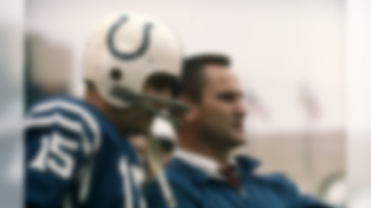 Head coach Don Shula and quarterback Earl Morrall of the Baltimore Colts look on in a 1968 game. (National Football League)