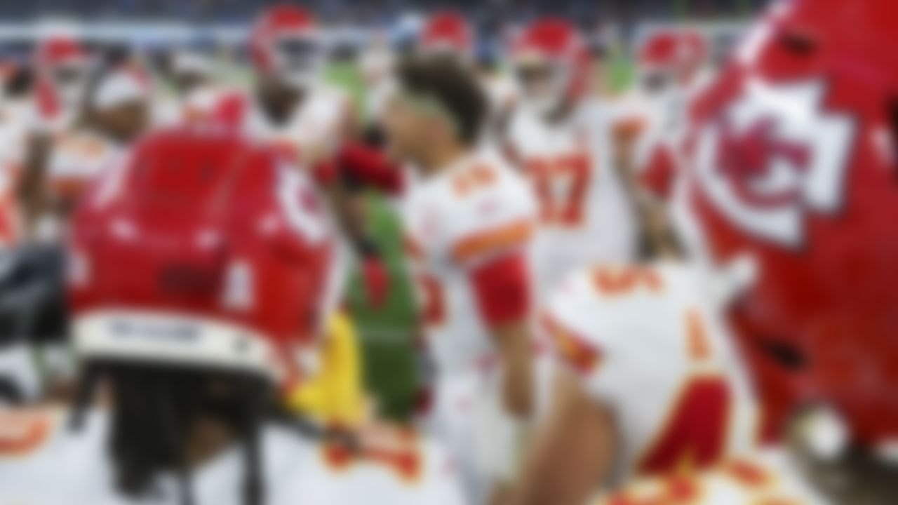 Kansas City Chiefs quarterback Patrick Mahomes (15) pumps his team up prior to an NFL football game against the Los Angeles Chargers on Sunday, November 20, 2022 in Inglewood, California.
