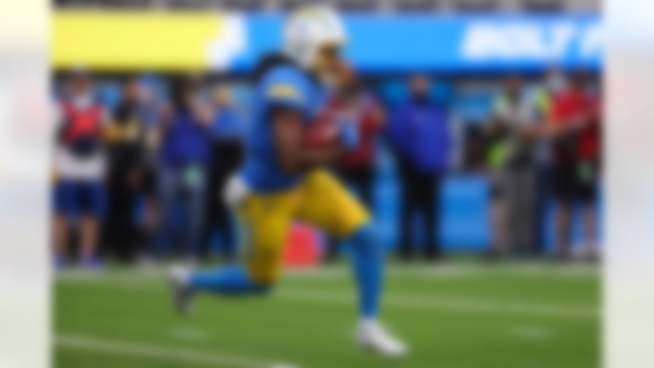 Los Angeles Chargers wide receiver Andre Roberts (7) runs the ball during an NFL football game against the Denver Broncos on Sunday, January 2, 2022 in Inglewood, California.