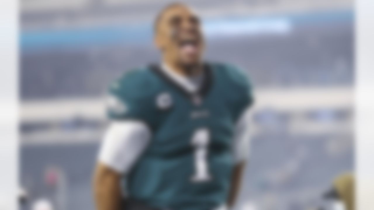 Philadelphia Eagles quarterback Jalen Hurts (1) yells following an NFL football game against the Washington Football Team on Tuesday, Dec. 21, 2021 in Philadelphia, Pennsylvania.