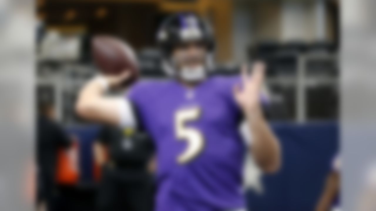 Baltimore Ravens quarterback Joe Flacco (5) throws a pass during warm ups before an NFL football game against the Dallas Cowboys, Sunday, Nov. 20, 2016, in Arlington, Texas. (AP Photo/Ron Jenkins)