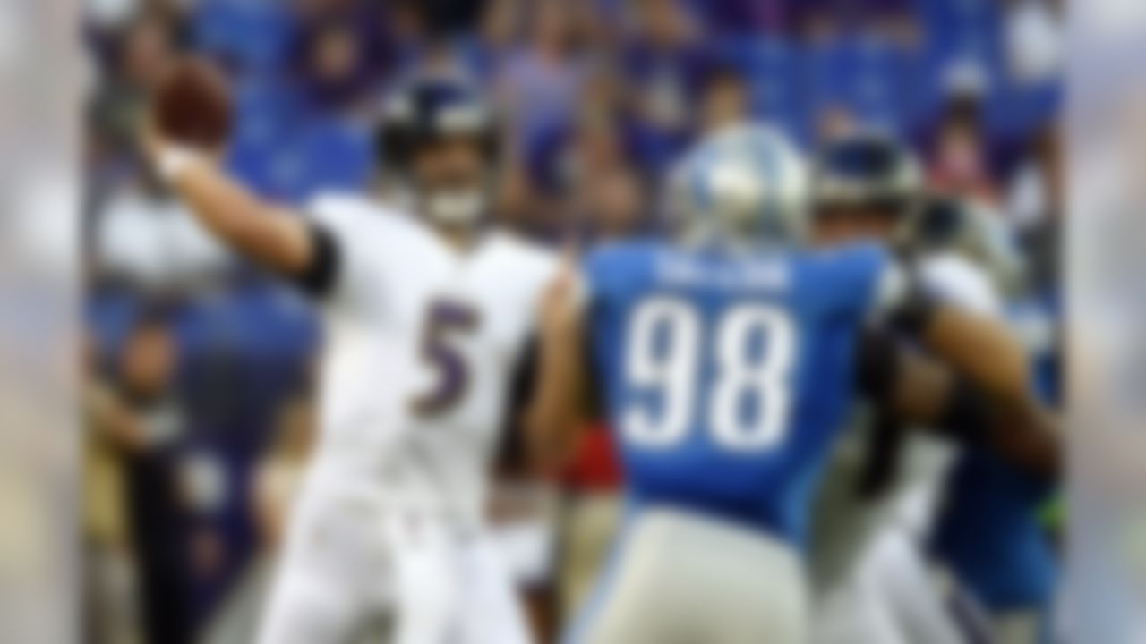 Baltimore Ravens quarterback Joe Flacco (5) throws to a receiver in the first half of a preseason NFL football game against the Detroit Lions, Saturday, Aug. 27, 2016, in Baltimore. (AP Photo/Gail Burton)