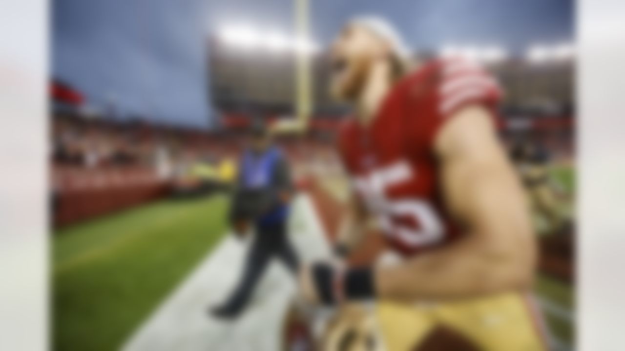 San Francisco 49ers tight end George Kittle (85) celebrates a victory after an NFL Super Wild Card Weekend playoff game against the Seattle Seahawks on Saturday, January 14, 2023 in Santa Clara, California.