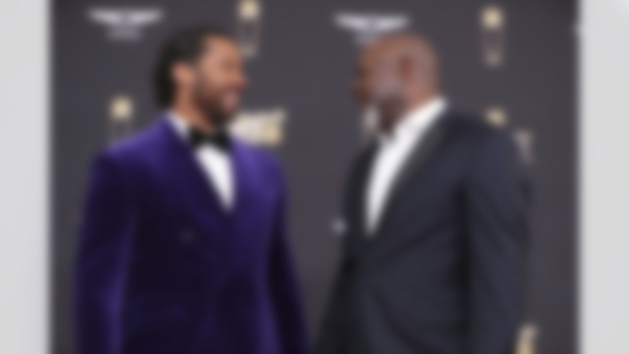 Seattle Seahawks quarterback Russell Wilson (3) and NFL Hall of Fame running back Emmitt Smith on the red carpet before the 9th Annual NFL Honors awards show, Saturday, Feb. 1, 2020 in Miami.