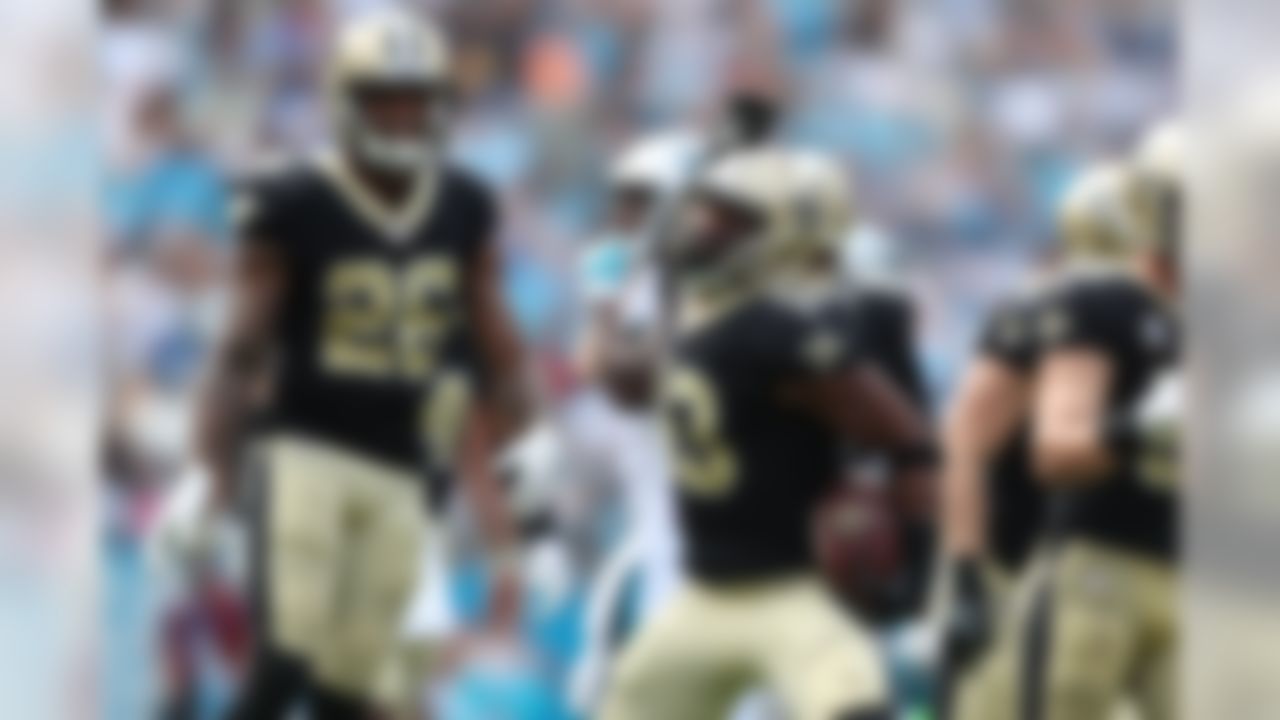 New Orleans Saints free safety Marcus Williams (43) celebrates after an interception during an NFL football game against the Carolina Panthers at Bank of America Stadium, Sunday, Sept. 24, 2017, in Charlotte. The Saints defeated the Panthers 34-13. (Perry Knotts/NFL)