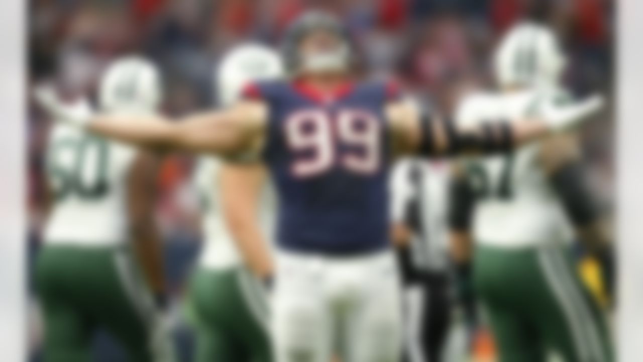 Houston Texans defensive end J..J. Watt (99) celebrates after making a sack during an NFL game against the New York Jets  on November 22, 2015. The Texans defeated the Jets 24-17. (Kevin Terrell via AP)