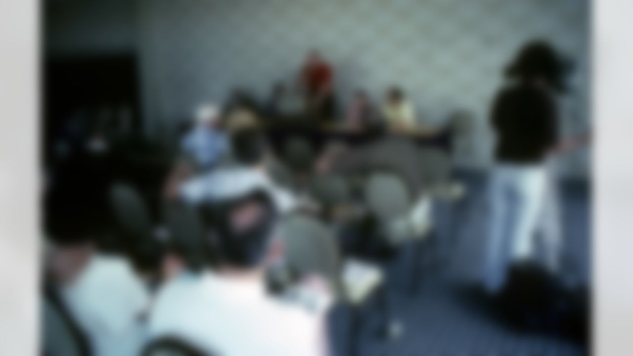 Pro Football Hall of Fame inductee Doug Atkins answers questions at a press conference before the NFL Pro Bowl, a 16-13 AFC victory on January 31, 1982, at Aloha Stadium in Honolulu, Hawaii. (National Football League)