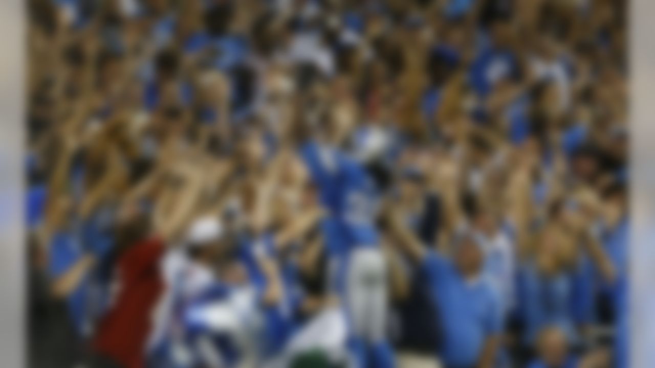 Detroit Lions running back Joique Bell (35) celebrates after scoring a touchdown during an NFL football game against the New York Giants at Ford Field on Monday September 8, 2014 in Detroit, Michigan. Detroit won 35-14. (Aaron M. Sprecher/NFL)