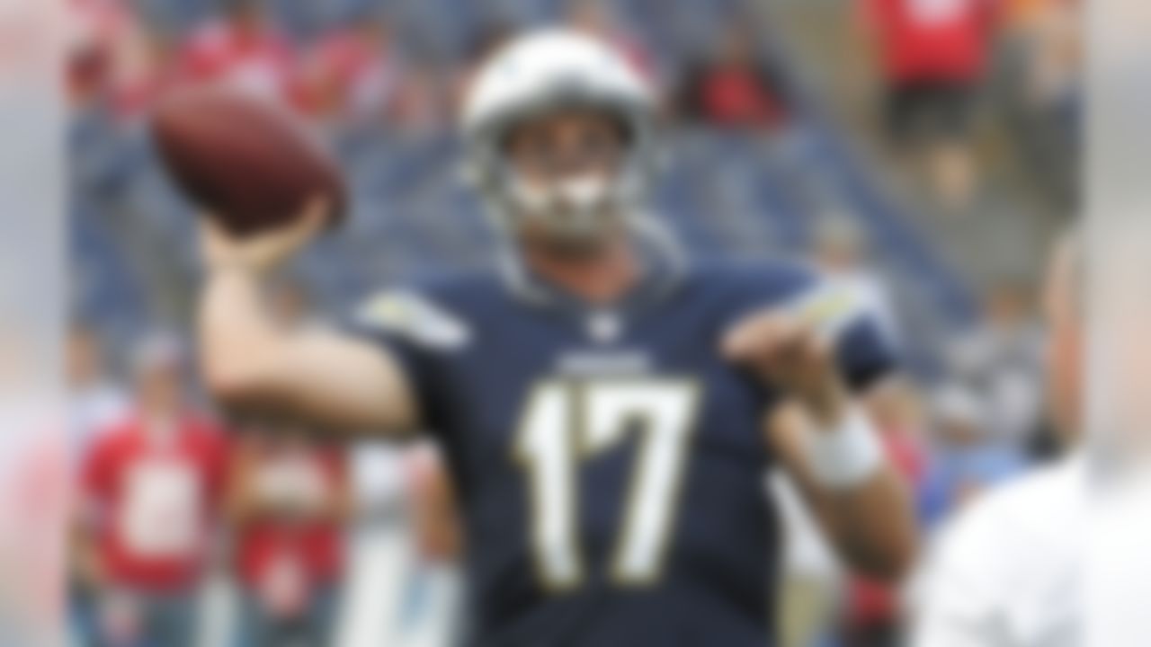 San Diego Chargers quarterback Philip Rivers throws a pass during warm ups before an NFL preseason football game against the San Francisco 49ers, Thursday, Aug. 29, 2013, in San Diego. (AP Photo/Denis Poroy)