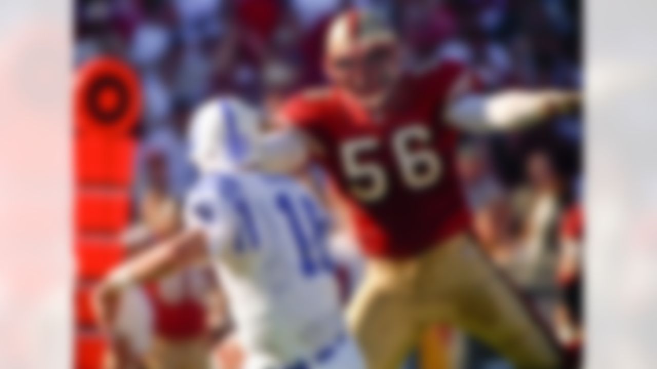 San Francisco 49ers linebacker Chris Doleman rushes Indianapolis Colts quarterback Peyton Manning during a 34-31 49ers victory in 1998. (AP Photo/Al Golub)