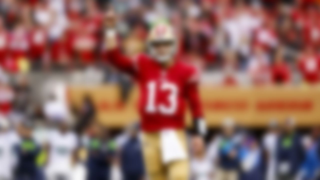 San Francisco 49ers quarterback Brock Purdy (13) celebrates during an NFL Super Wild Card Weekend playoff game on Saturday, January 14, 2023 in Santa Clara, California.