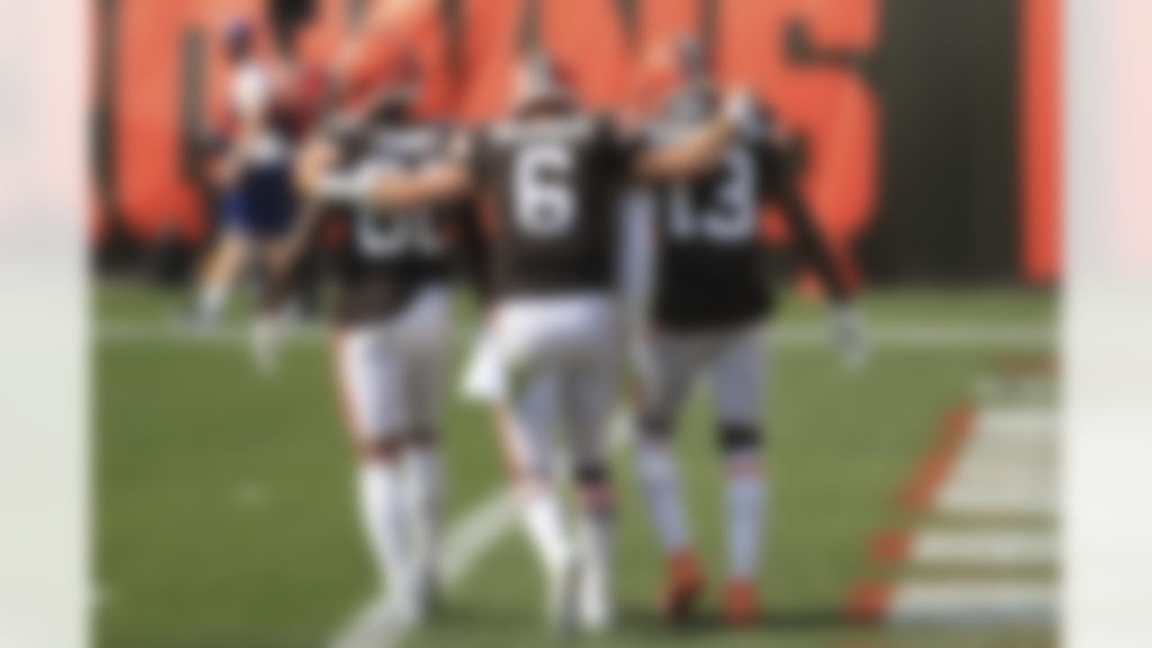 Cleveland Browns wide receiver Jarvis Landry, quarterback Baker Mayfield and wide receiver Odell Beckham Jr. celebrate after a touchdown against Washington.