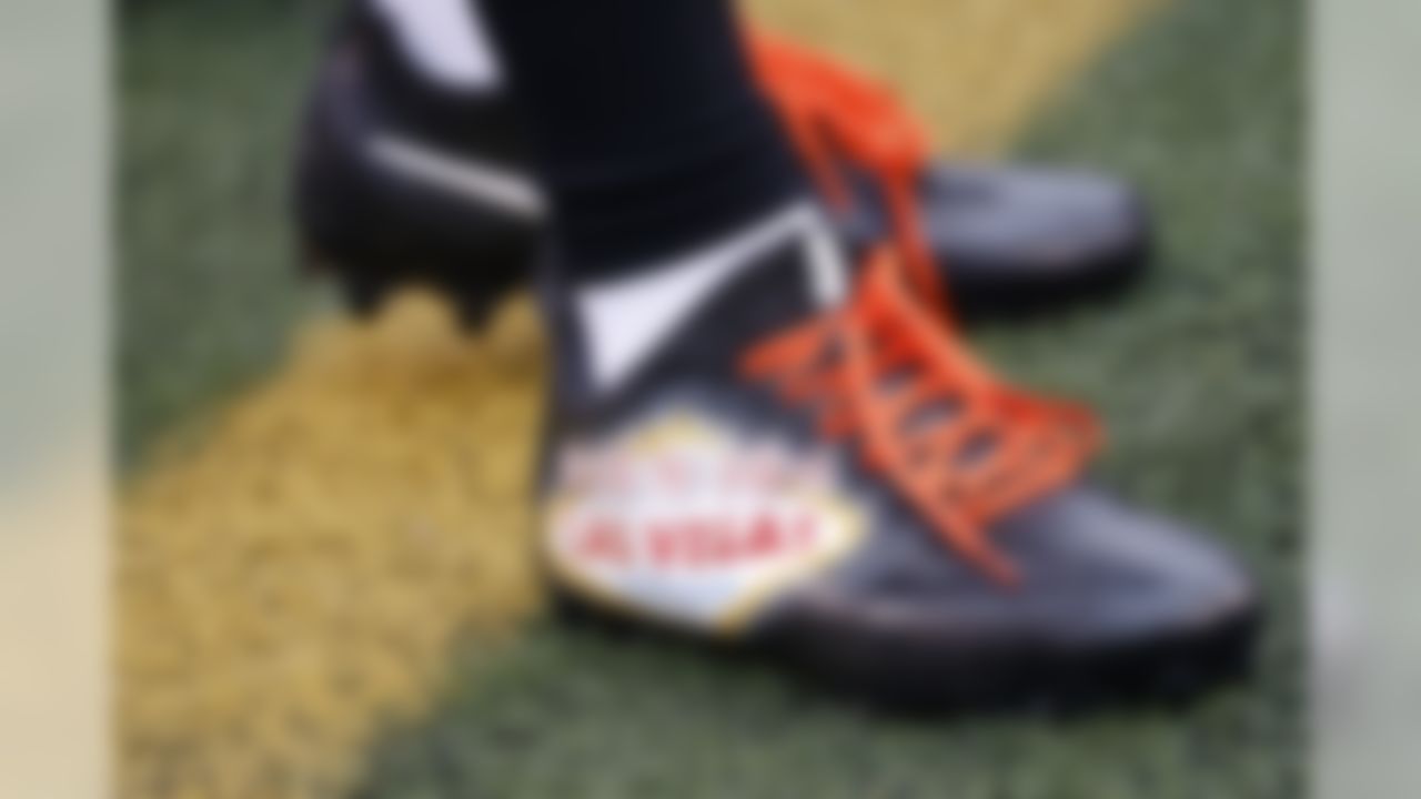 Cincinnati Bengals cornerback Dre Kirkpatrick wears cleats in honor of the victims of the recent mass shooting in Las Vegas before an NFL football game against the Buffalo Bills, Sunday, Oct. 8, 2017, in Cincinnati.