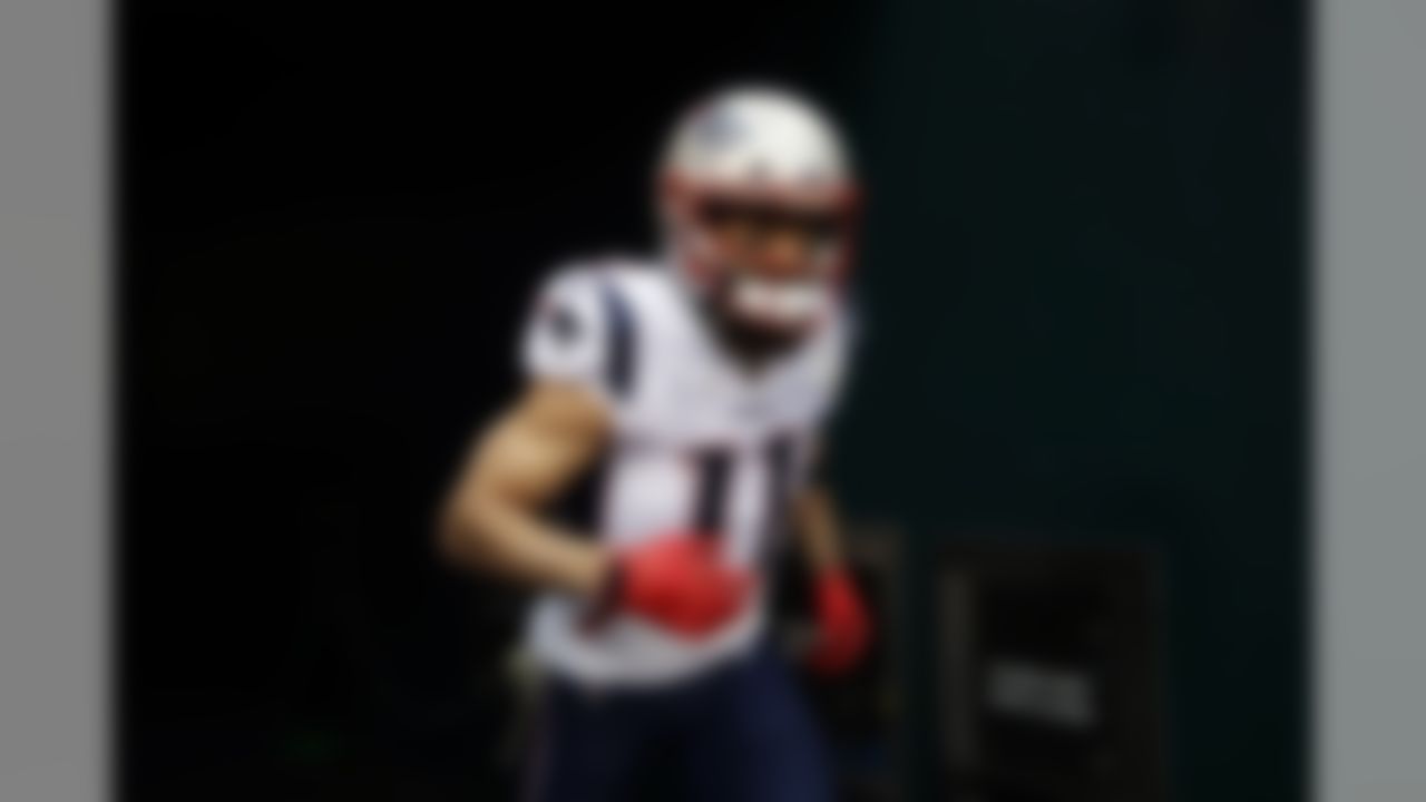New England Patriots' Julian Edelman runs onto the field before an NFL football game against the Philadelphia Eagles, Sunday, Nov. 17, 2019, in Philadelphia. (AP Photo/Matt Rourke)