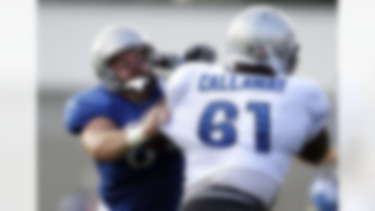 Detroit Lions center Dan Gerberry goes up against defensive tackle Robert Callaway (61) during drills at the NFL football team's training camp in Allen Park, Mich., Friday, Aug. 5, 2011. (AP Photo/Carlos Osorio)