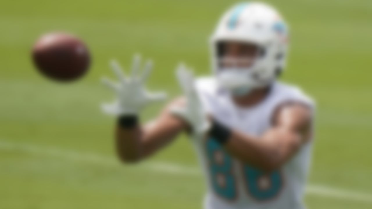 Miami Dolphins wide receiver Mack Hollins catches a pass as he runs drills during a mandatory minicamp at the NFL football team's training camp, Tuesday, June 15, 2021, in Davie, Fla.