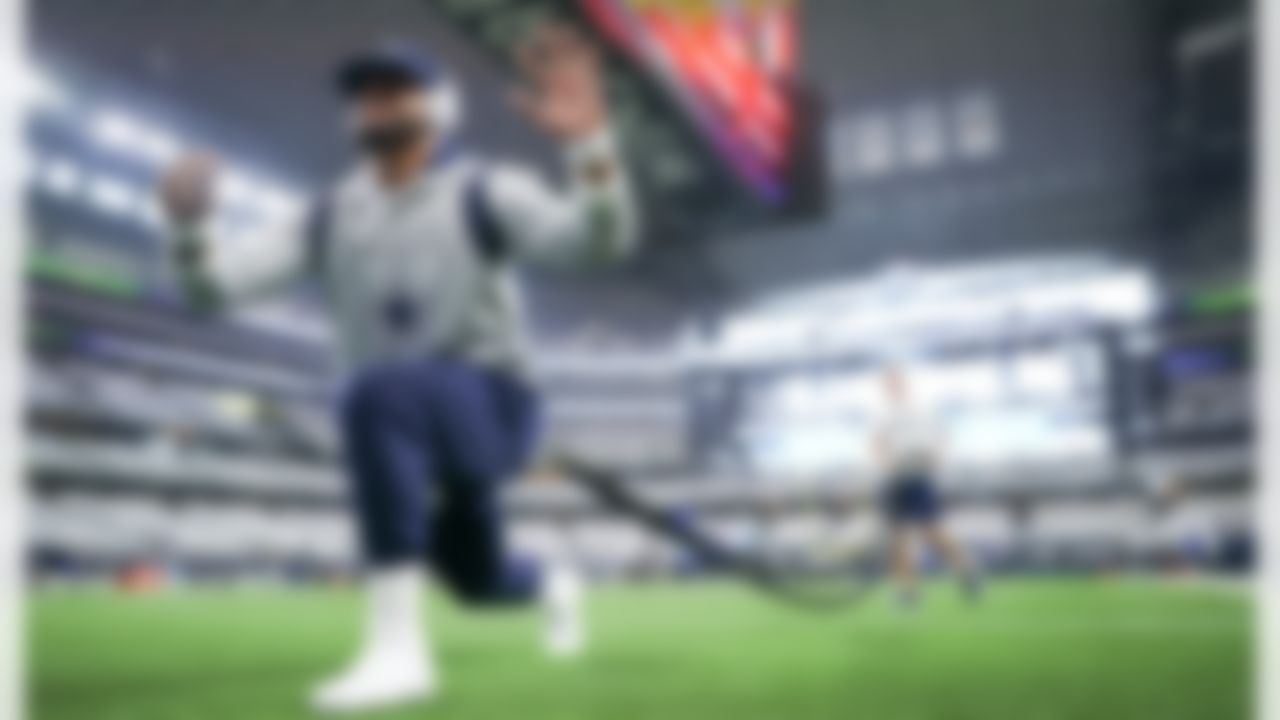 Dallas Cowboys quarterback Dak Prescott (4) stretching before an NFL football game against the New York Giants on Sunday, October 10, 2021 in Arlington, Texas.