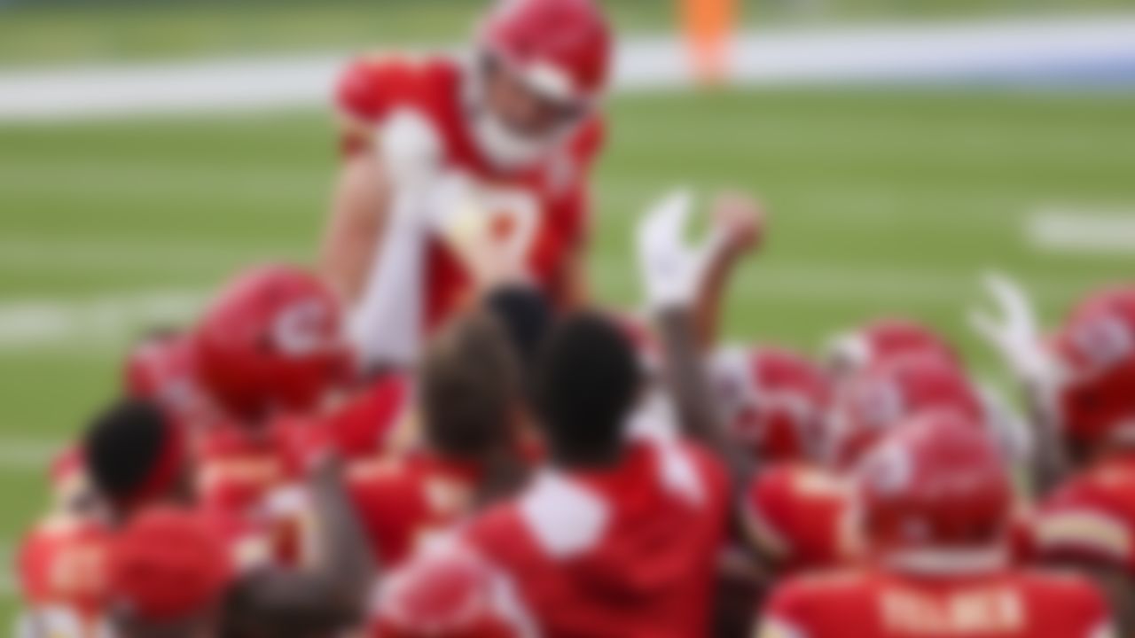Kansas City Chiefs place kicker Harrison Butker (7) celebrates his game-winning field goal against the Los Angeles Chargers.