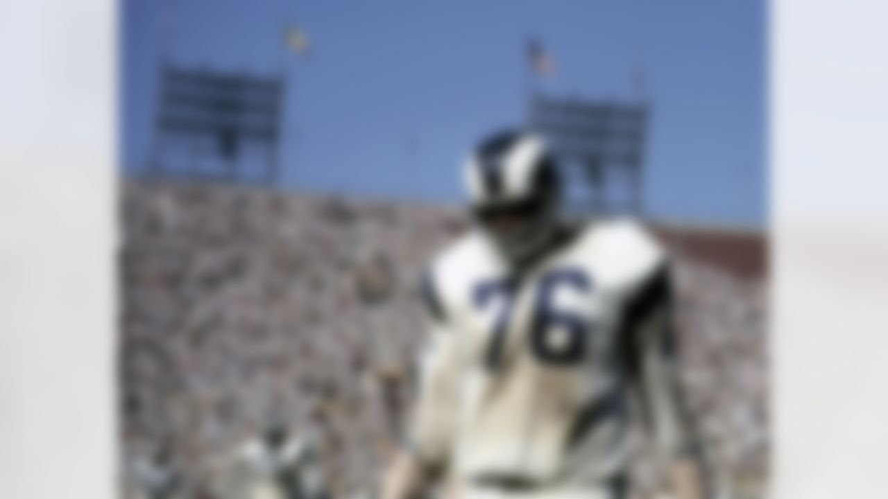 Los Angeles Rams defensive tackle Rosey Grier (76) during the Rams 17-3 loss to the Baltimore Colts on October 30, 1966 at the Los Angeles Memorial Coliseum in Los Angeles, California. (National Football League)