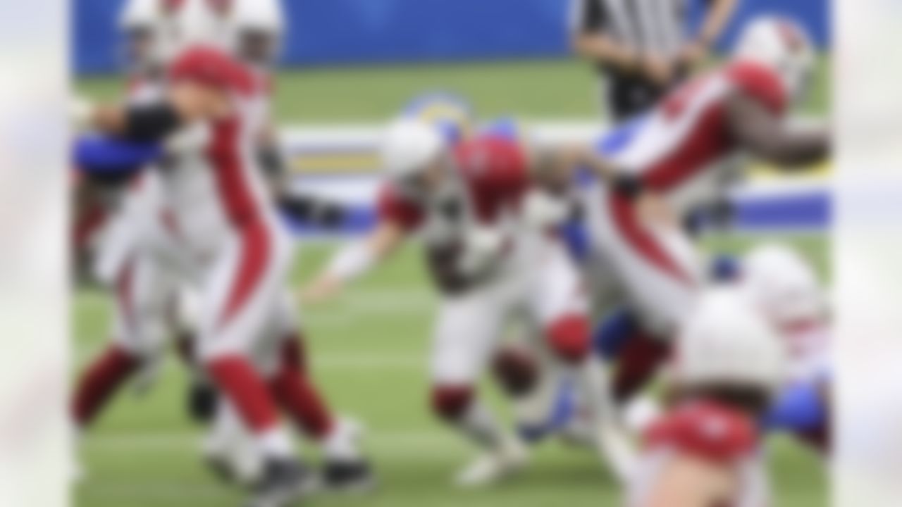 Arizona Cardinals quarterback Chris Streveler (15) fumbles during an NFL football game against the Los Angeles Rams on Sunday, January 3, 2021 in Inglewood, California.