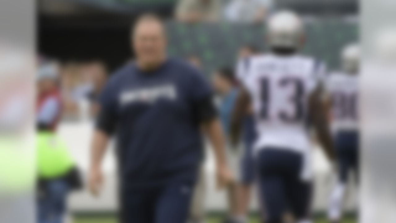 New England Patriots head coach Bill Belichick walks the field before an NFL football game against the New York Jets, Sunday, Oct. 15, 2017, in East Rutherford, N.J. (AP Photo/Bill Kostroun)