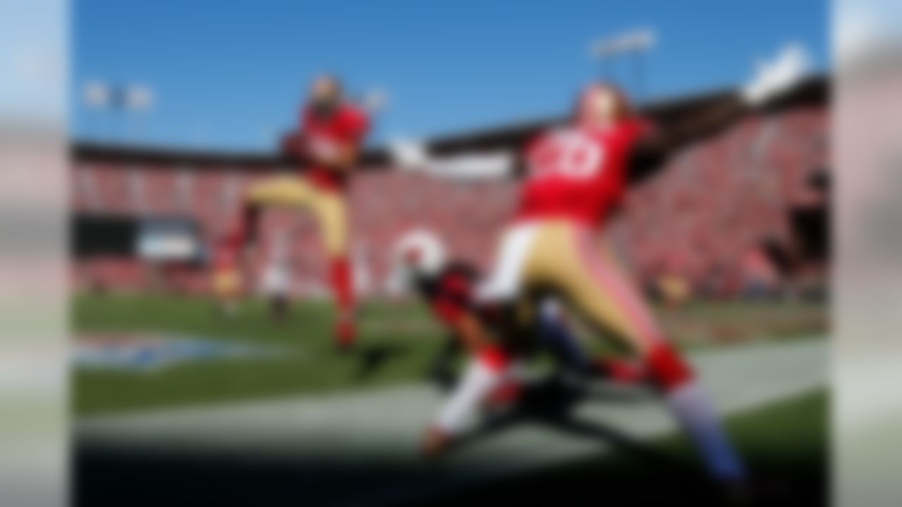 San Francisco 49ers cornerback Carlos Rogers (22) intercepts the ball in the end-zone after a failed Arizona Cardinals two-point conversion during the NFL game between the Arizona Cardinals and the San Francisco 49ers on Sunday, Oct. 13, 2013 at the Candlestick Park in San Francisco. (Ric Tapia/NFL)