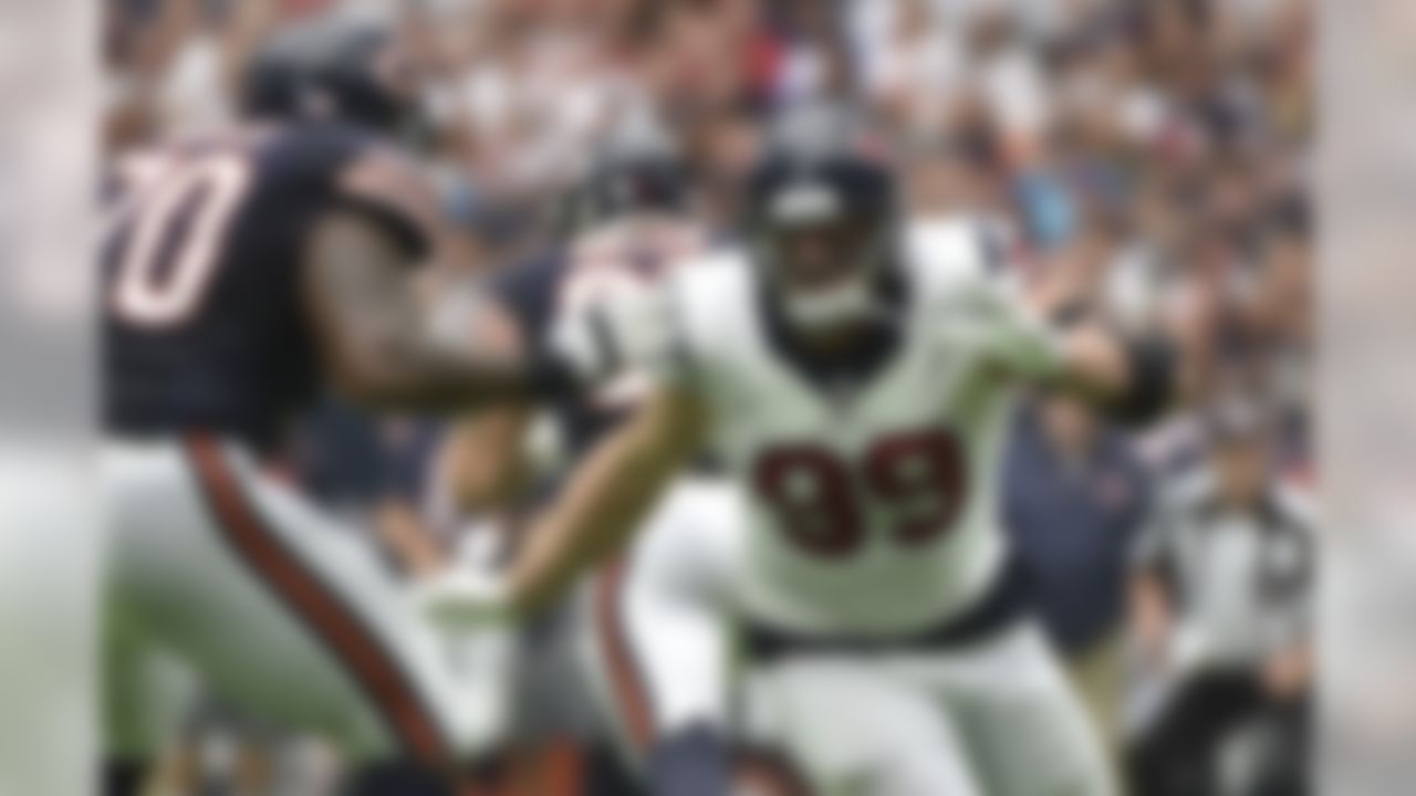 Houston Texans defensive end J.J. Watt (99) battles Chicago Bears tackle Bobby Massie (70) during the second half of an NFL football game Sunday, Sept. 11, 2016, in Houston. (AP Photo/Eric Christian Smith)