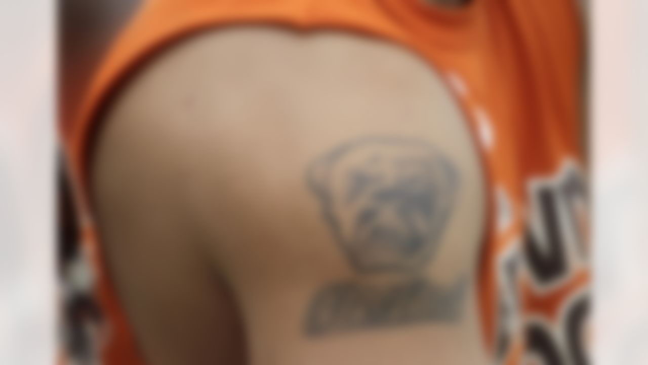 Cleveland Browns enthusiast Jason Darwish of Cleveland shows his loyalty to the Browns with a tattoo on his arm during the opening day of Browns NFL football training camp in Berea, Ohio on Saturday, July 31, 2010. (AP Photo/Amy Sancetta)