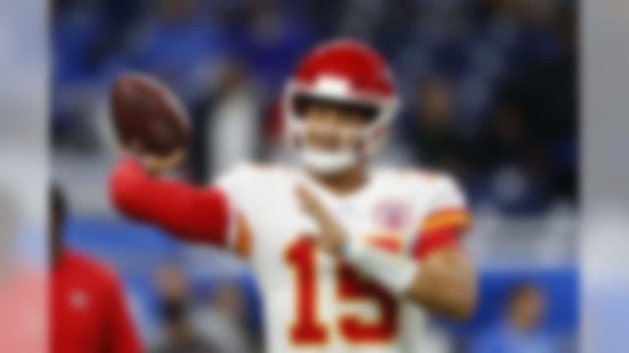 Kansas City Chiefs quarterback Patrick Mahomes throws during pregame of an NFL football game against the Detroit Lions, Sunday, Sept. 29, 2019, in Detroit. (AP Photo/Paul Sancya)