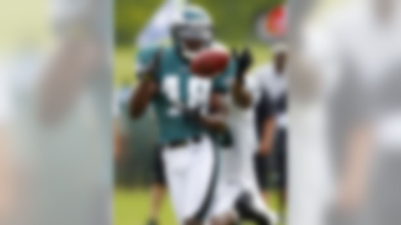 Philadelphia Eagles wide receiver Jeremy Maclin (18) catches a pass as cornerback Dominique Rodgers-Cromartie, back, defends during NFL football training camp at Lehigh University in Bethlehem, Pa., Wednesday, Aug. 1, 2012. (AP Photo/Rich Schultz)