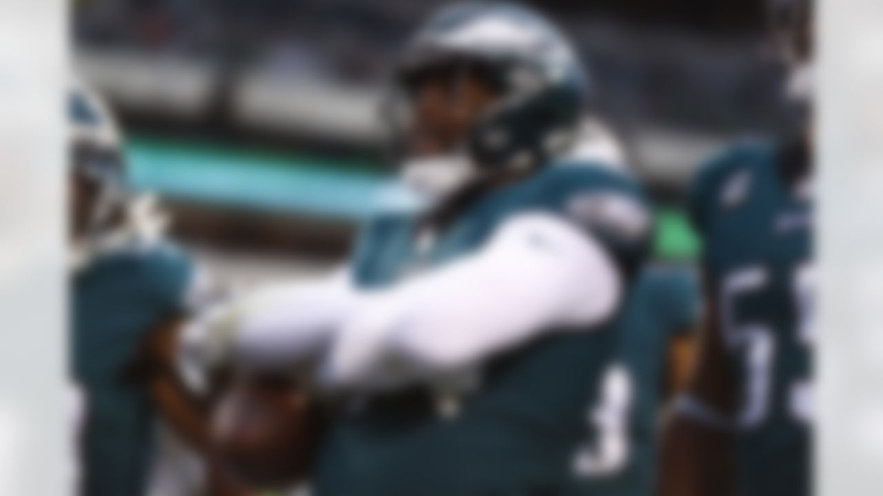 Philadelphia Eagles linebacker Haason Reddick (7) celebrates a fumble recovery during an NFL Conference Championship playoff game against the San Francisco 49ers on Sunday, January 29, 2023 in Philadelphia, Pennsylvania.