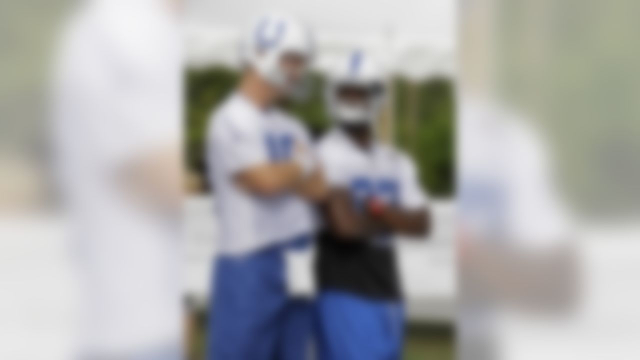 Indianapolis Colts quarterback Peyton Manning (18) talks with wide receiver Reggie Wayne (87) during NFL training camp in Anderson, Ind., Wednesday, Aug. 18, 2010. (AP Photo/Darron Cummings)