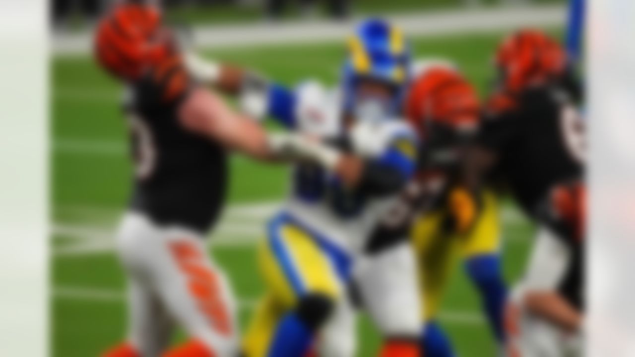 Los Angeles Rams defensive end Aaron Donald (99) fights through a block during Super Bowl LVI on Sunday, February 13, 2022 in Inglewood, California.