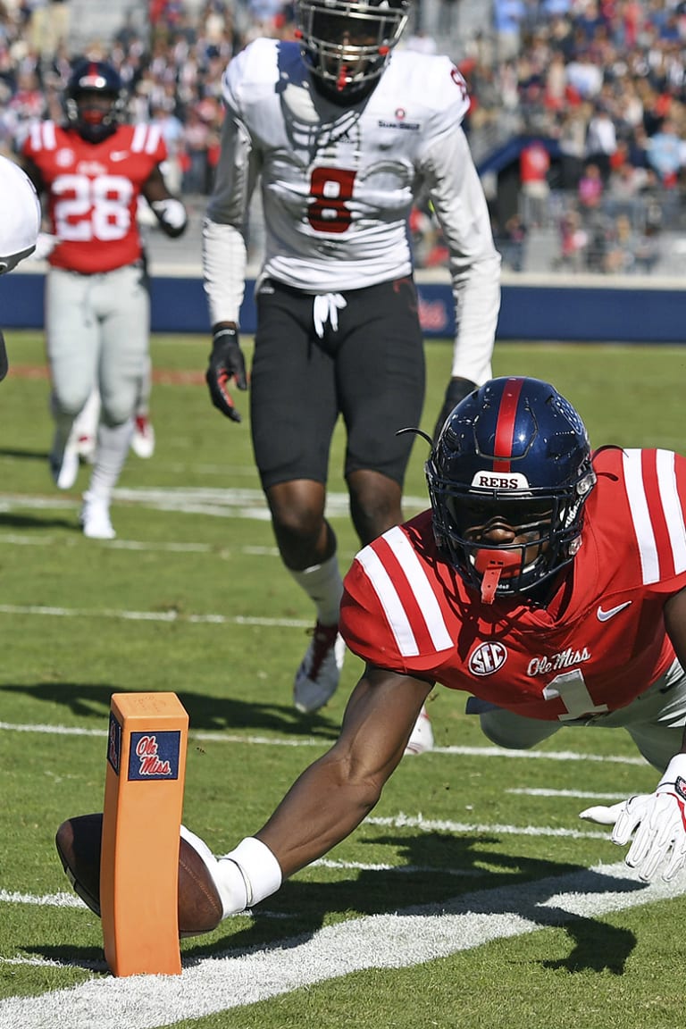 Mississippi wide receiver A.J. Brown (1) shifts positions before a snap  during the first half of an NCAA college football game against Louisiana  Monroe in Oxford, Miss., Saturday, Oct. 6, 2018. (AP