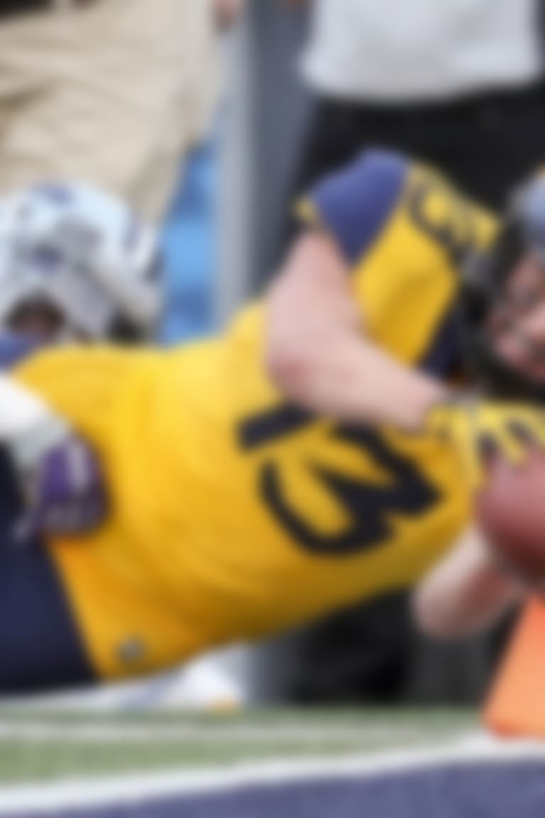 Sep 22, 2018; Morgantown, WV, USA; West Virginia Mountaineers wide receiver David Sills V (13) attempts to dive for a touchdown during the third quarter against the Kansas State Wildcats at Mountaineer Field at Milan Puskar Stadium. Mandatory Credit: Ben Queen-USA TODAY Sports