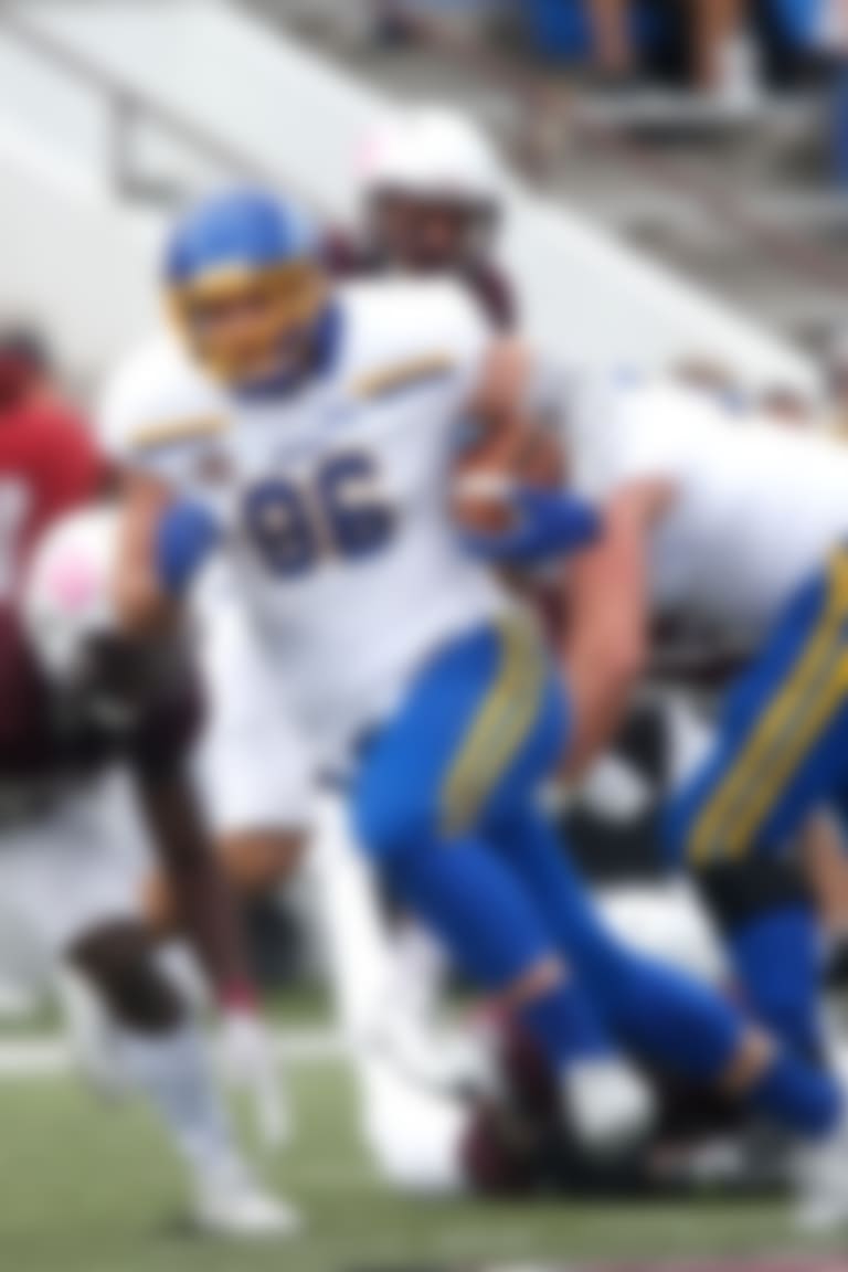 Dallas Goedert, tight end for South Dakota State, breaks free for extra yardage during the Jackrabbits game against Missouri State University at Plaster Stadium on Saturday, Oct. 21, 2017.