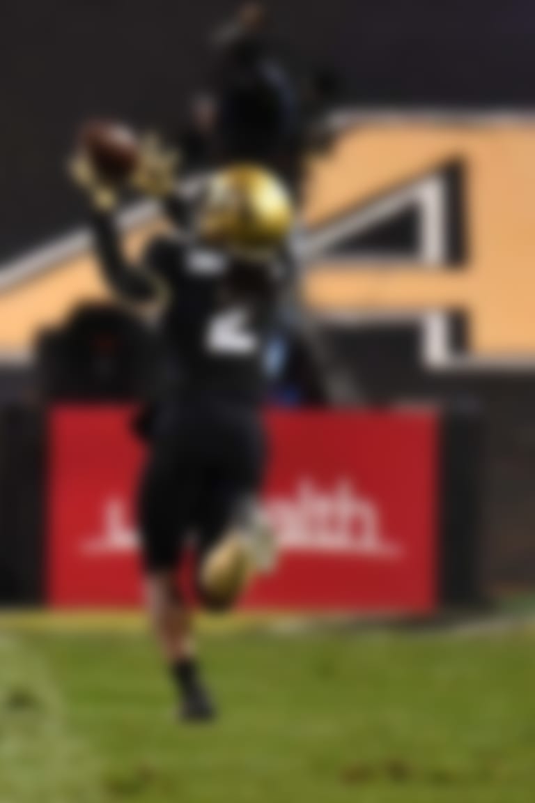 Sep 28, 2018; Boulder, CO, USA; Colorado Buffaloes wide receiver Laviska Shenault Jr. (2) pulls in a fifty seven yard touchdown touchdown pass in the first quarter against the UCLA Bruins at Folsom Field. Mandatory Credit: Ron Chenoy-USA TODAY Sports