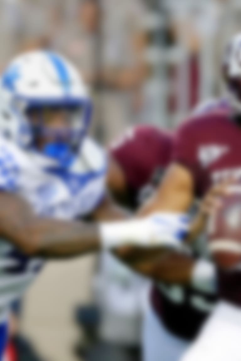 Kentucky linebacker Josh Allen (41) catches Texas A&M quarterback Kellen Mond (11) for a sack during the first half of an NCAA college football game Saturday, Oct. 6, 2018, in College Station, Texas. (AP Photo/Michael Wyke)