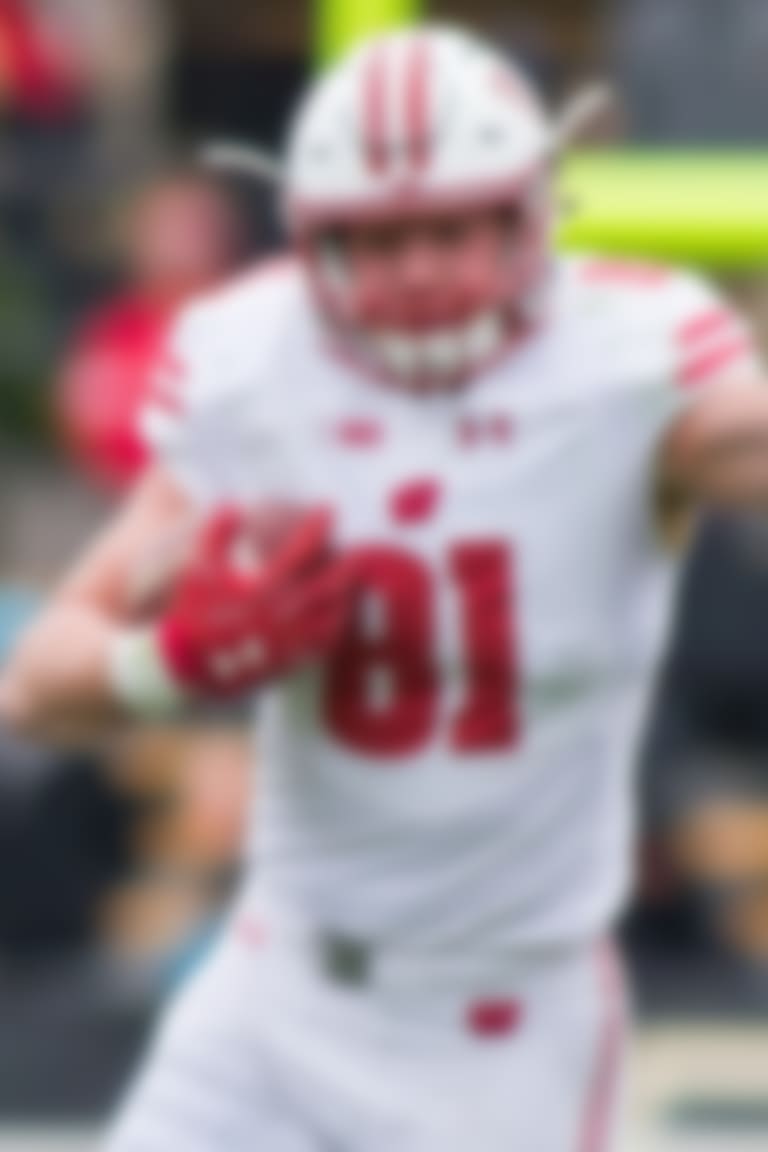 Nov 19, 2016; West Lafayette, IN, USA;  Wisconsin Badgers tight end Troy Fumagalli (81) stiff arms Purdue Boilermakers safety Leroy Clark (3) in the second half of the game at Ross Ade Stadium. The Wisconsin Badgers beat the Purdue Boilermakers 49-20. Mandatory Credit: Trevor Ruszkowski-USA TODAY Sports