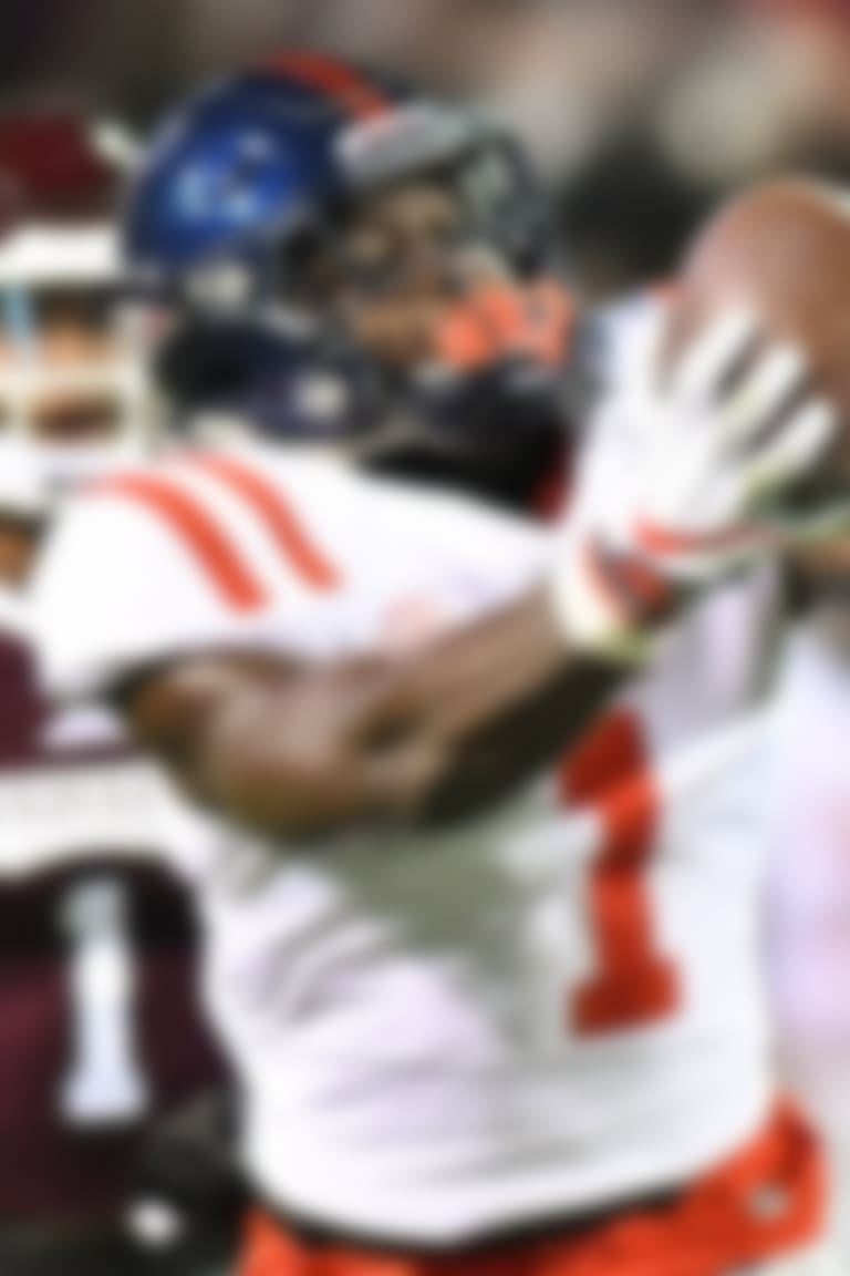 Nov 23, 2017; Starkville, MS, USA;  Mississippi Rebels wide receiver A.J. Brown (1) catches a pass during a play that would result in a touchdown against the Mississippi State Bulldogs during the third quarter at Davis Wade Stadium. Mandatory Credit: Matt Bush-USA TODAY Sports