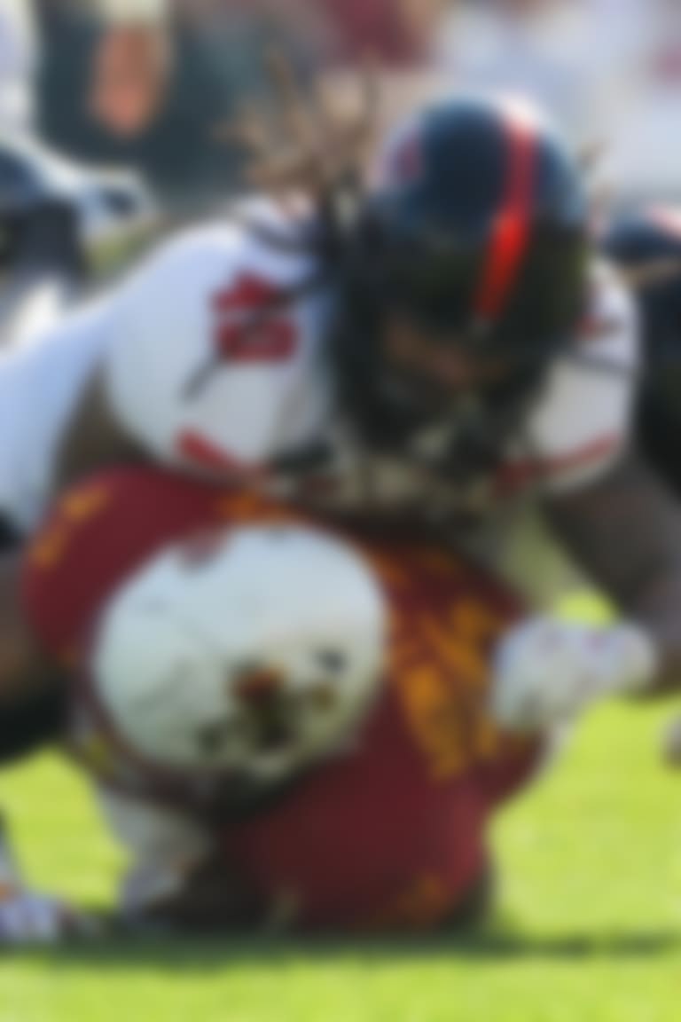 Oct 27, 2018; Ames, IA, USA; Texas Tech Red Raiders linebacker Dakota Allen (40) tackles Iowa State Cyclones running back David Montgomery (32) at Jack Trice Stadium. Mandatory Credit: Reese Strickland-USA TODAY Sports
