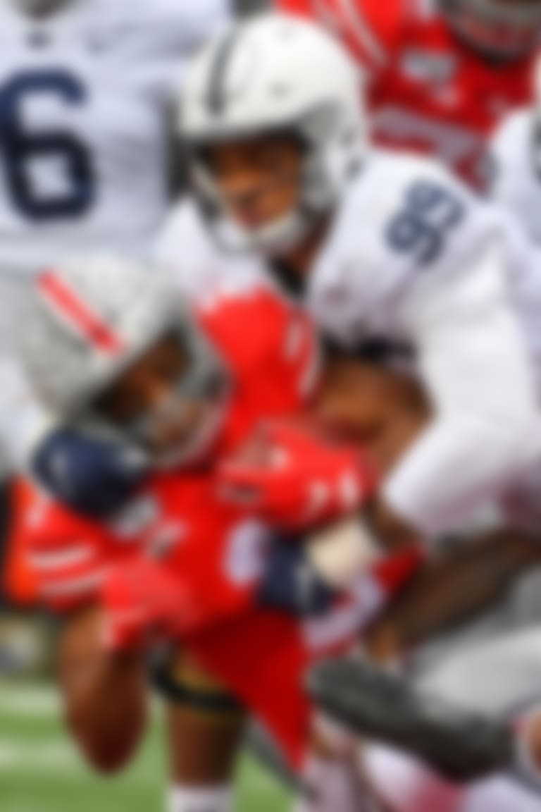 Penn State's Yetur Gross-Matos (99) during first quarter action with Ohio State.  The No.8 Nittany Lions scored 17 points in less than four minutes in the third quarter, but it was not enough as No. 2 Ohio State hung on for a 28-17 victory Saturday Nov. 23, 2019 in Ohio Stadium.Photo by Mark Selders