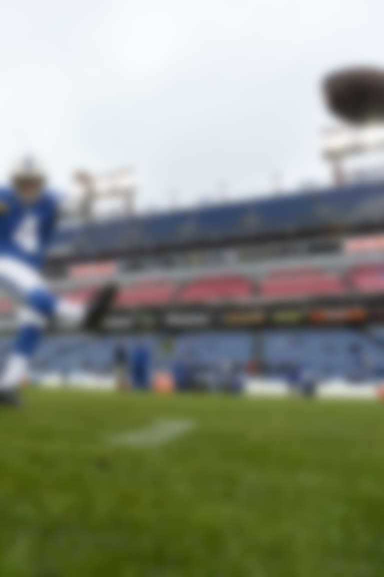 Indianapolis Colts kicker Adam Vinatieri (4) and holder Pat McAfee (1) warm up before an NFL football game against the Tennessee Titans Sunday, Dec. 28, 2014, in Nashville, Tenn. (AP Photo/Mark Zaleski)
