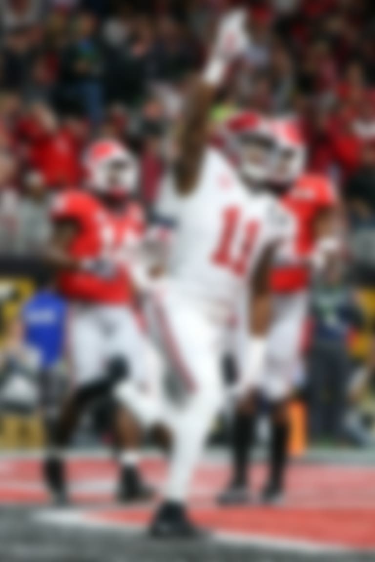 Jan 8, 2018; Atlanta, GA, USA; Alabama Crimson Tide wide receiver Henry Ruggs III (11) celebrates after he scored a touchdown against the Georgia Bulldogs during the third quarter in the 2018 CFP national championship college football game at Mercedes-Benz Stadium. Mandatory Credit: Brett Davis-USA TODAY Sports