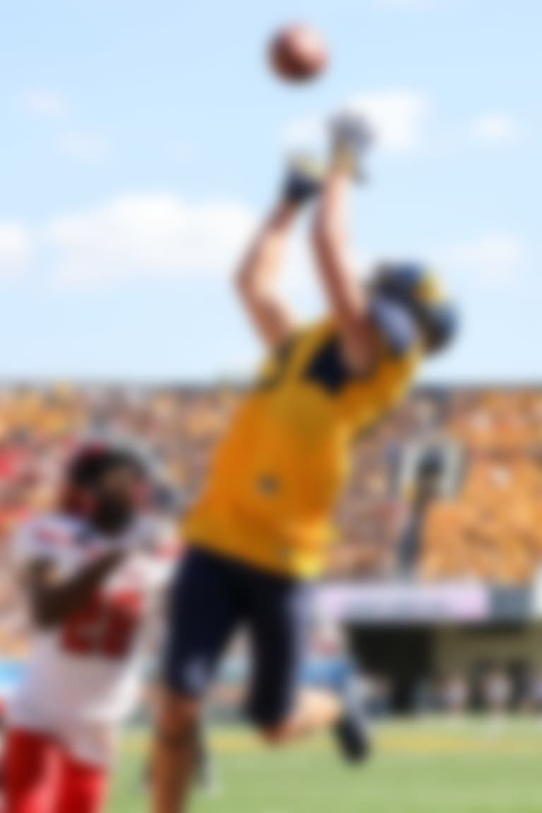 Oct 14, 2017; Morgantown, WV, USA; West Virginia Mountaineers wide receiver David Sills V (13) catches a touchdown pass during the third quarter against the Texas Tech Red Raiders at Milan Puskar Stadium. Mandatory Credit: Ben Queen-USA TODAY Sports